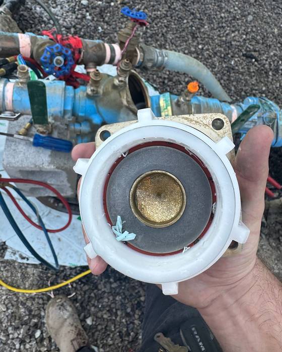 Hand holding the cover and internals of a backflow preventer during service