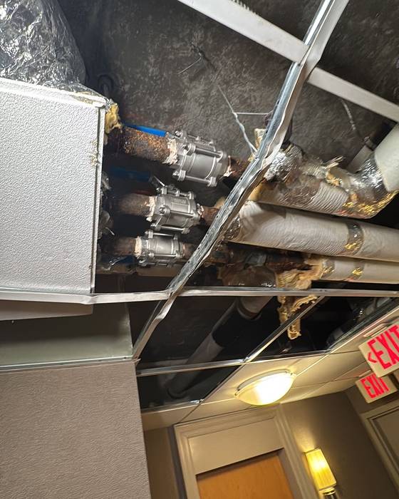 Three stainless steel ball valves installed in a ceiling above a hallway