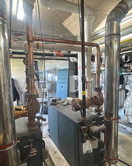 Boiler room with a boiler, circulator pumps, copper piping and stainless steel flues