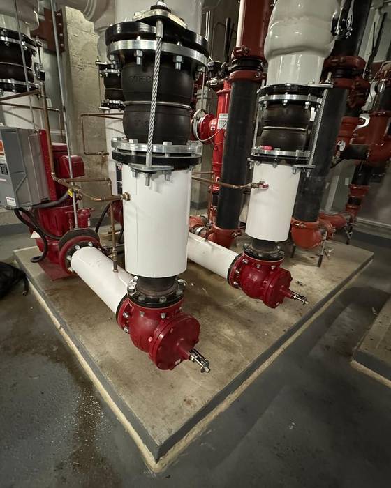Vertical in-line circulator pumps with rubber expansion joints, white insulated piping and red valves on a concrete pad